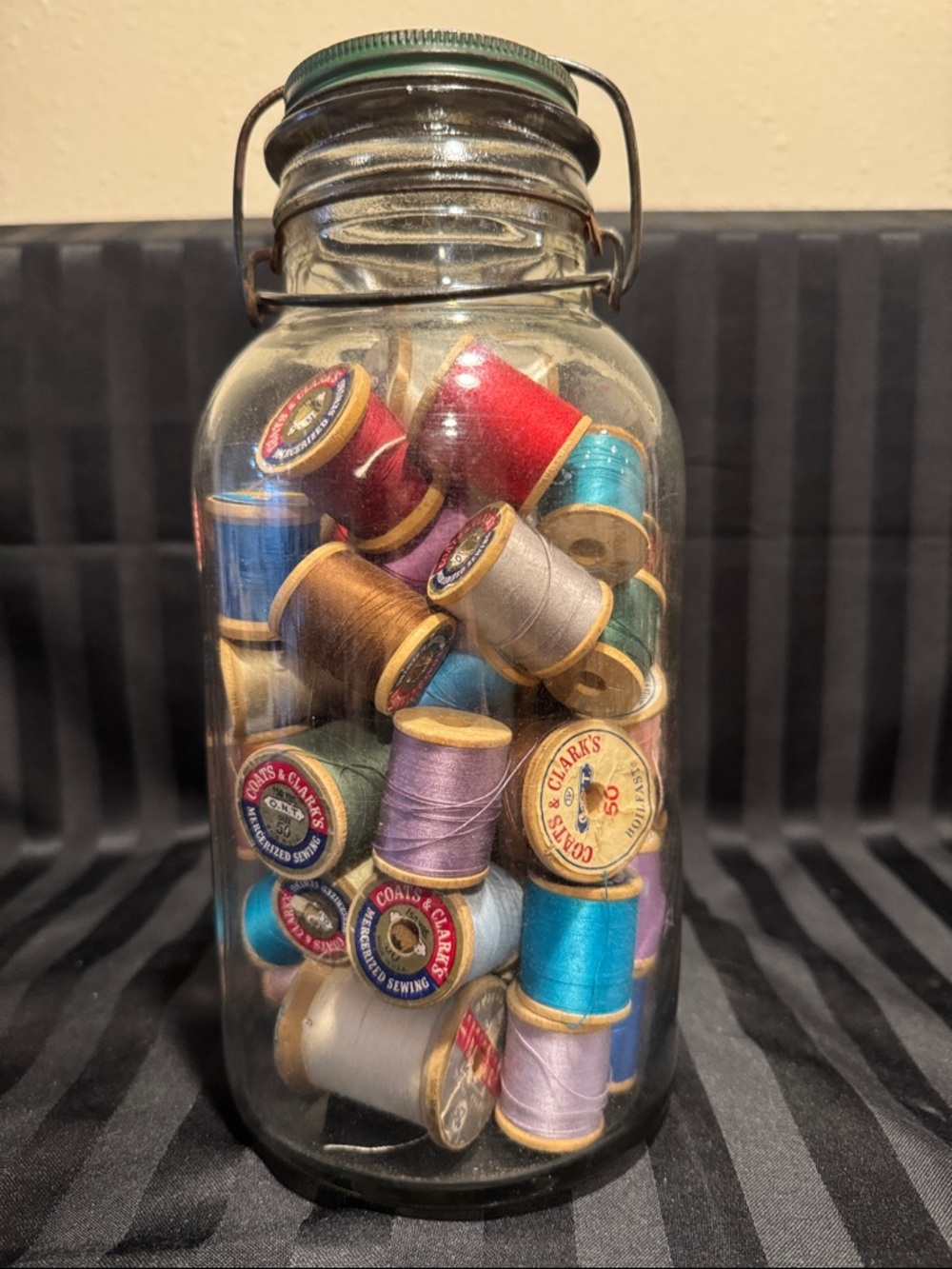 Vintage Hazel-Atlas Glass Jar Filled with Colorful Spools of Thread